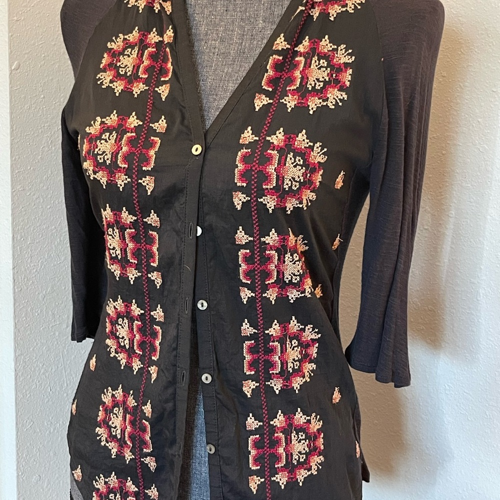 Anthropologie Black and Red Embroidered Top